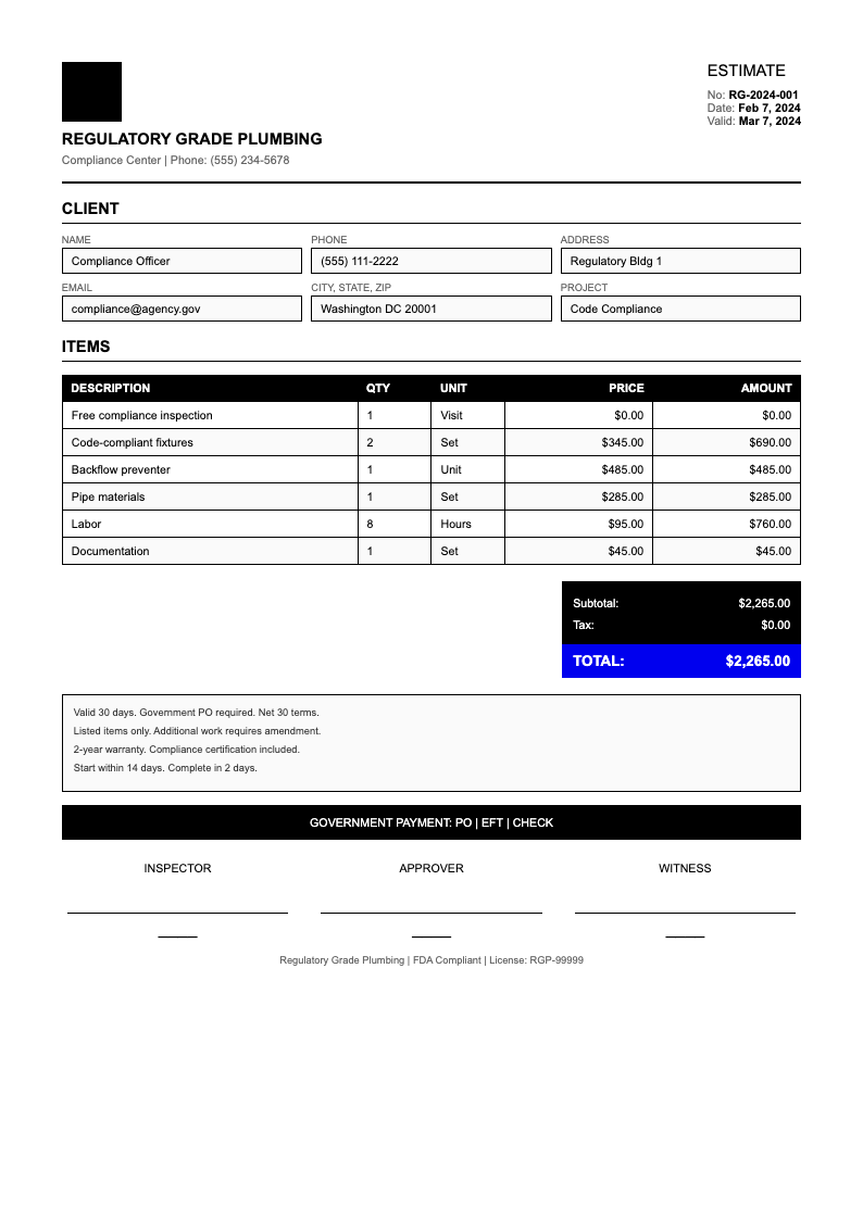 Investment Grade free plumbing estimate